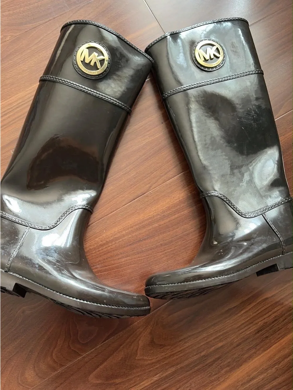Michael Kors Black Patent Tall Rain Boots with Gold MK Medallion